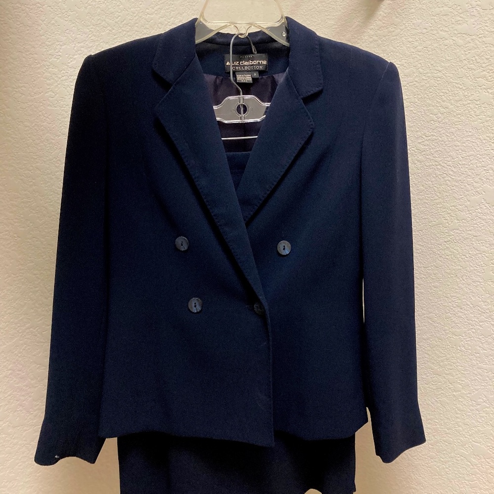 Ladies Navy Blue Double Breasted Skirt Suit